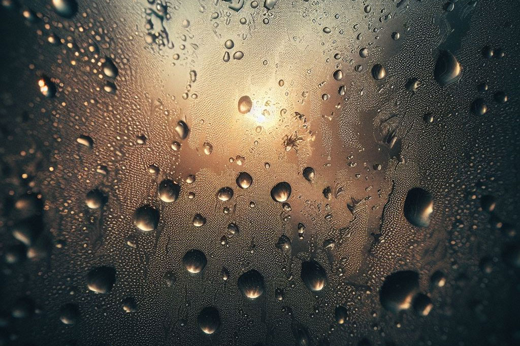 Zdjęcie przedstawiające okno pokryte kroplami wody i kondensacją, co jest częstym zjawiskiem w pomieszczeniach o wysokiej wilgotności. Kondensacja na oknie może przyczynić się do rozwoju pleśni na ścianach.