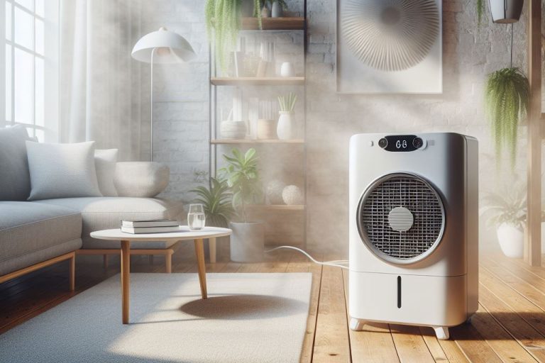 Elektryczny pochłaniacz wilgoci oszusza powietrze w salonie w typowym domu w UK.