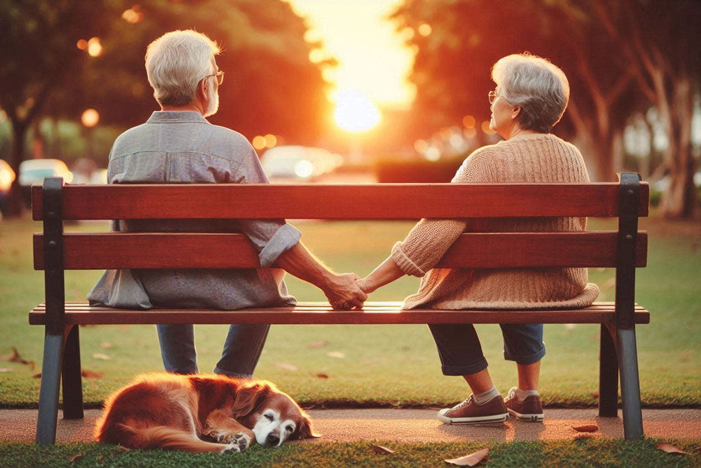 Starsza para na emeryturze siedząca na ławce w parku.