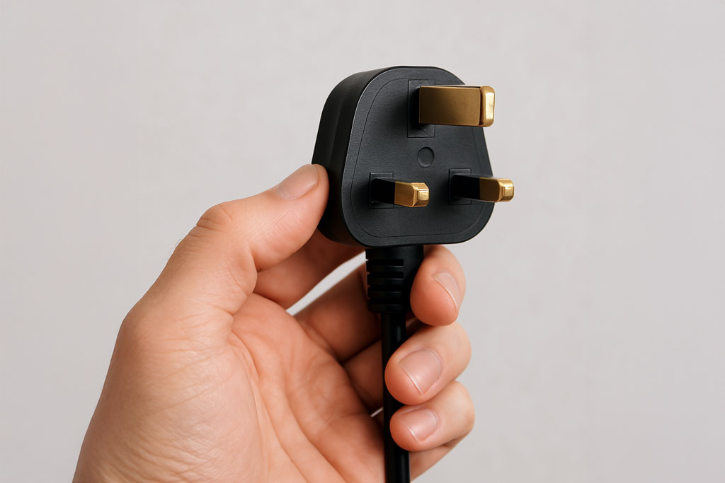 Ręka trzymająca wtyczkę brytyjską typu G – Urządzenia, które pochłaniają najwięcej energii w domach w UK.